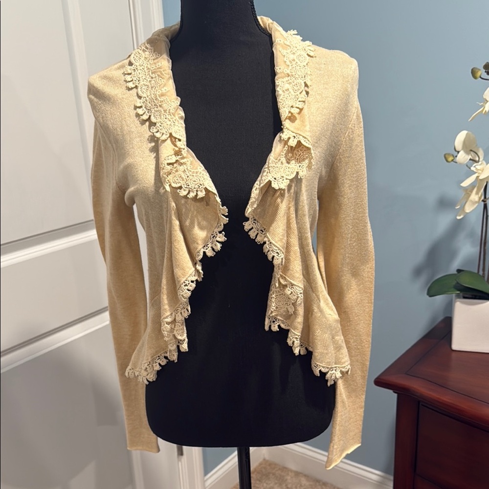 LOFT Cream Ruffled Knit Cardigan